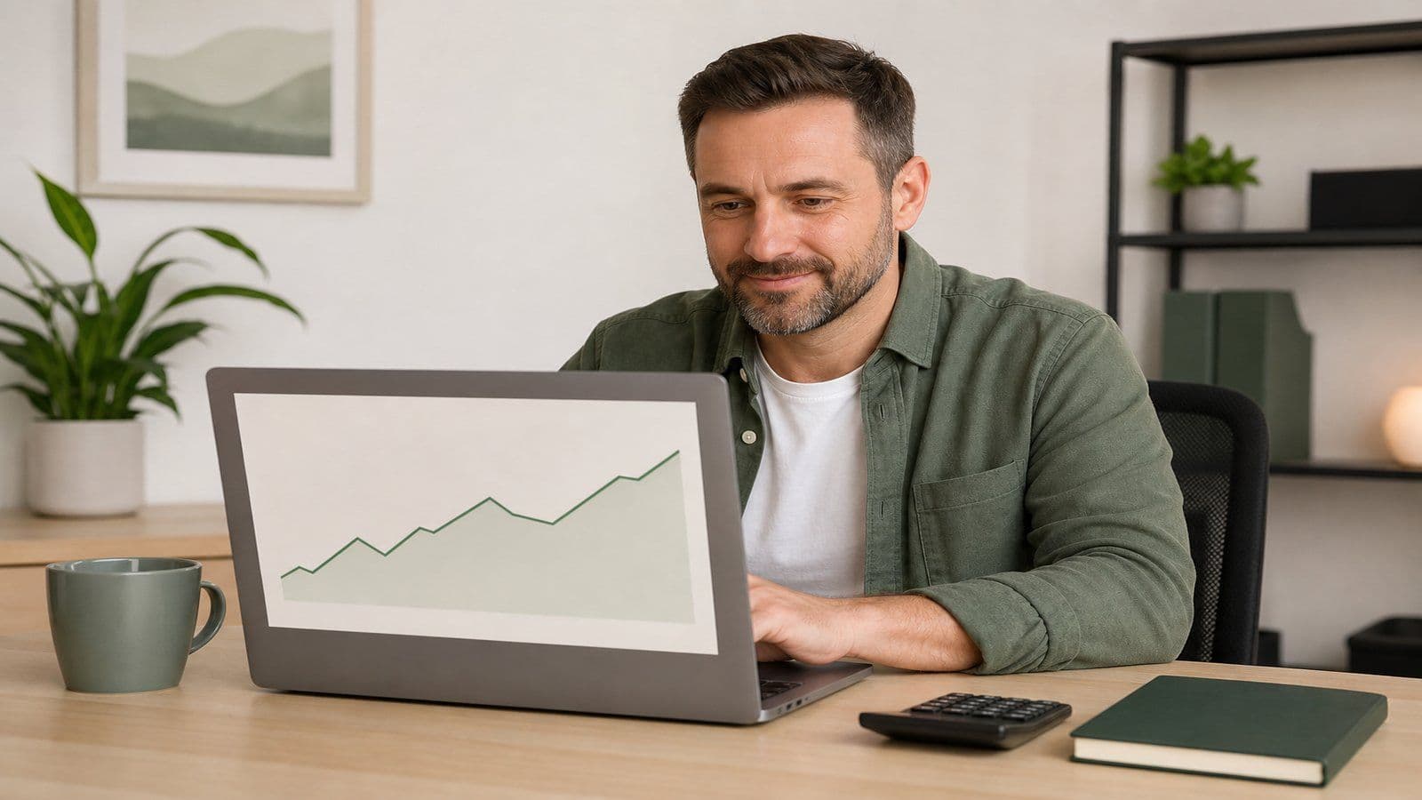Small-business owner reviewing a simple line chart on a laptop at a clean desk