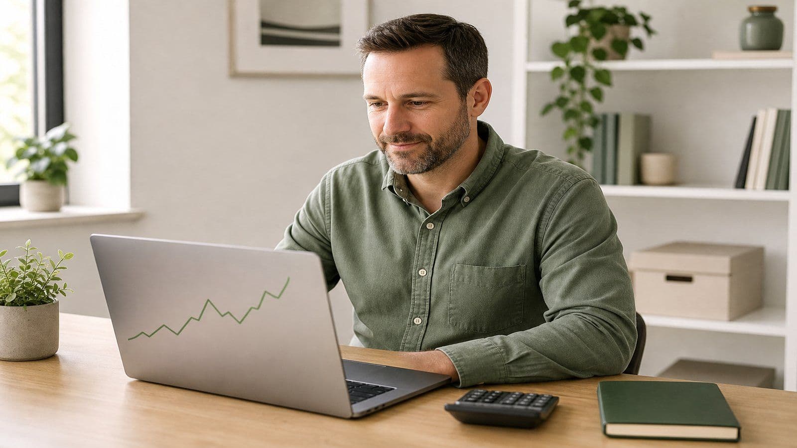 Small-business owner reviewing a simple line chart on a laptop at a clean desk