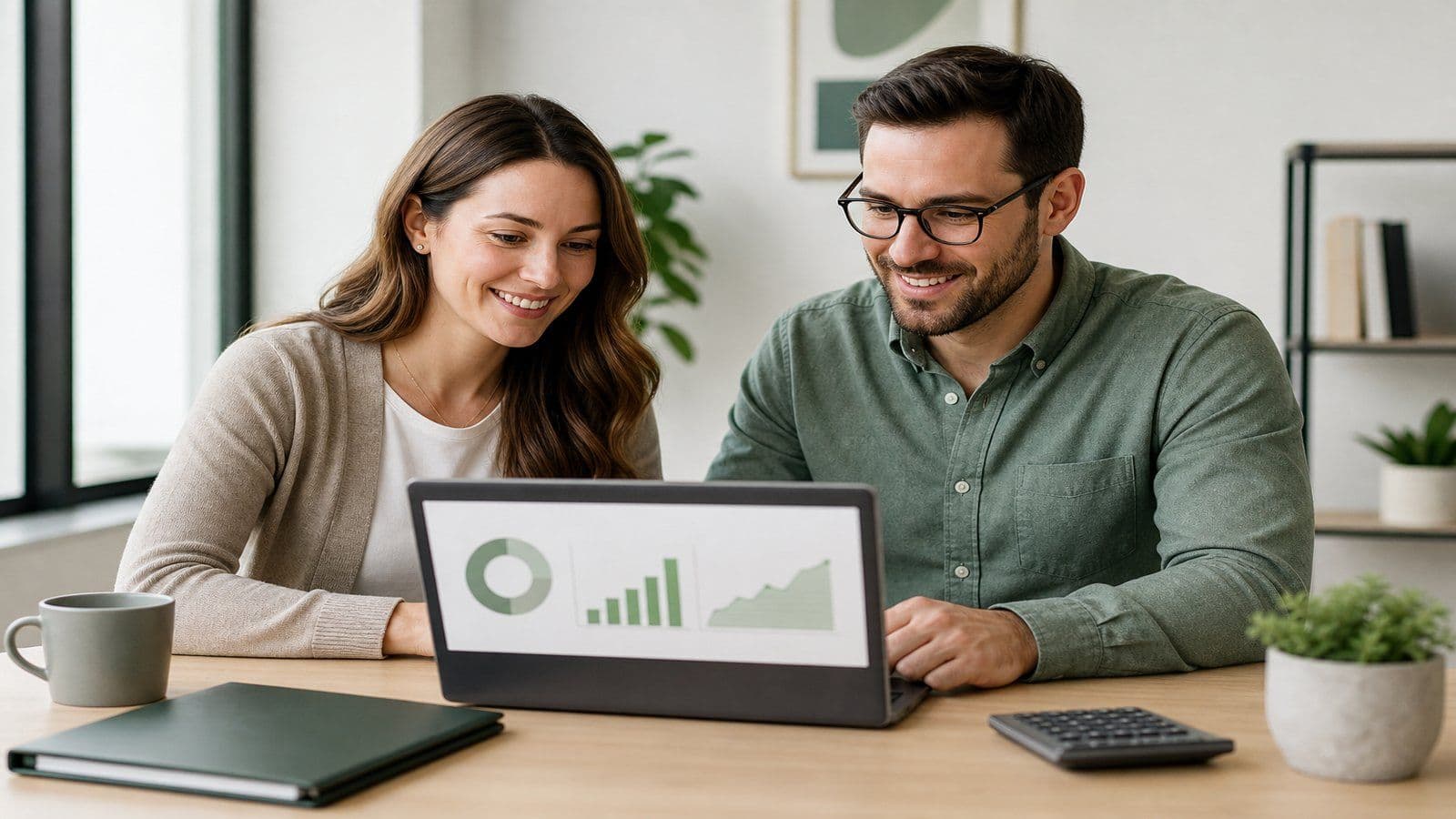 Two professionals collaborating over a laptop showing a simple chart at a tidy office desk