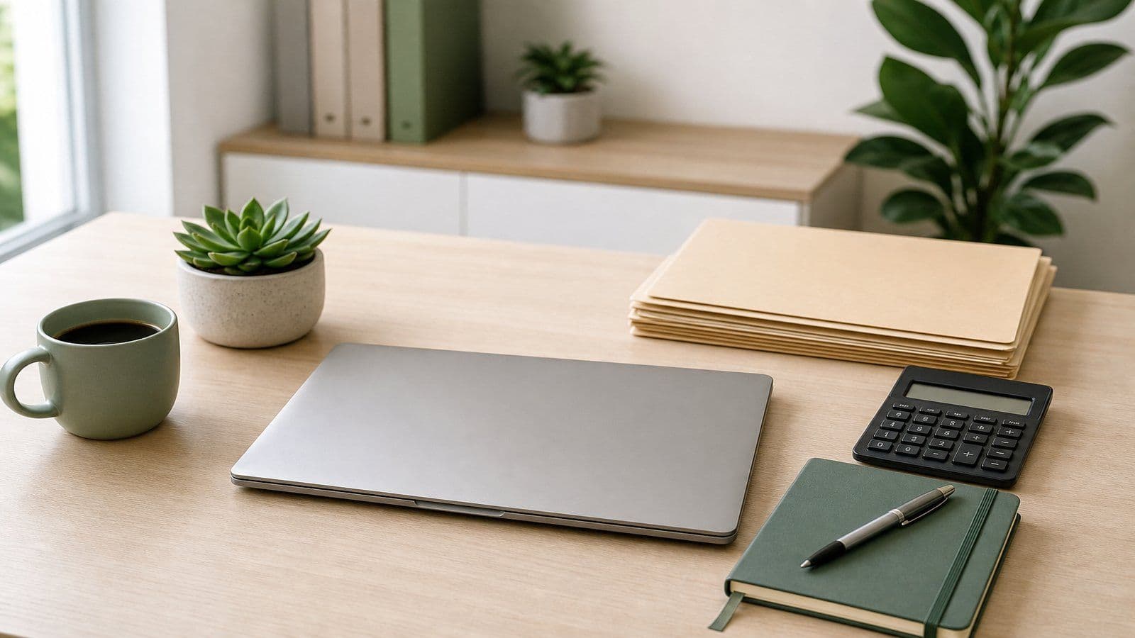 An organized small-office desk with a closed laptop, neatly stacked closed folders, a calculator, and a coffee mug