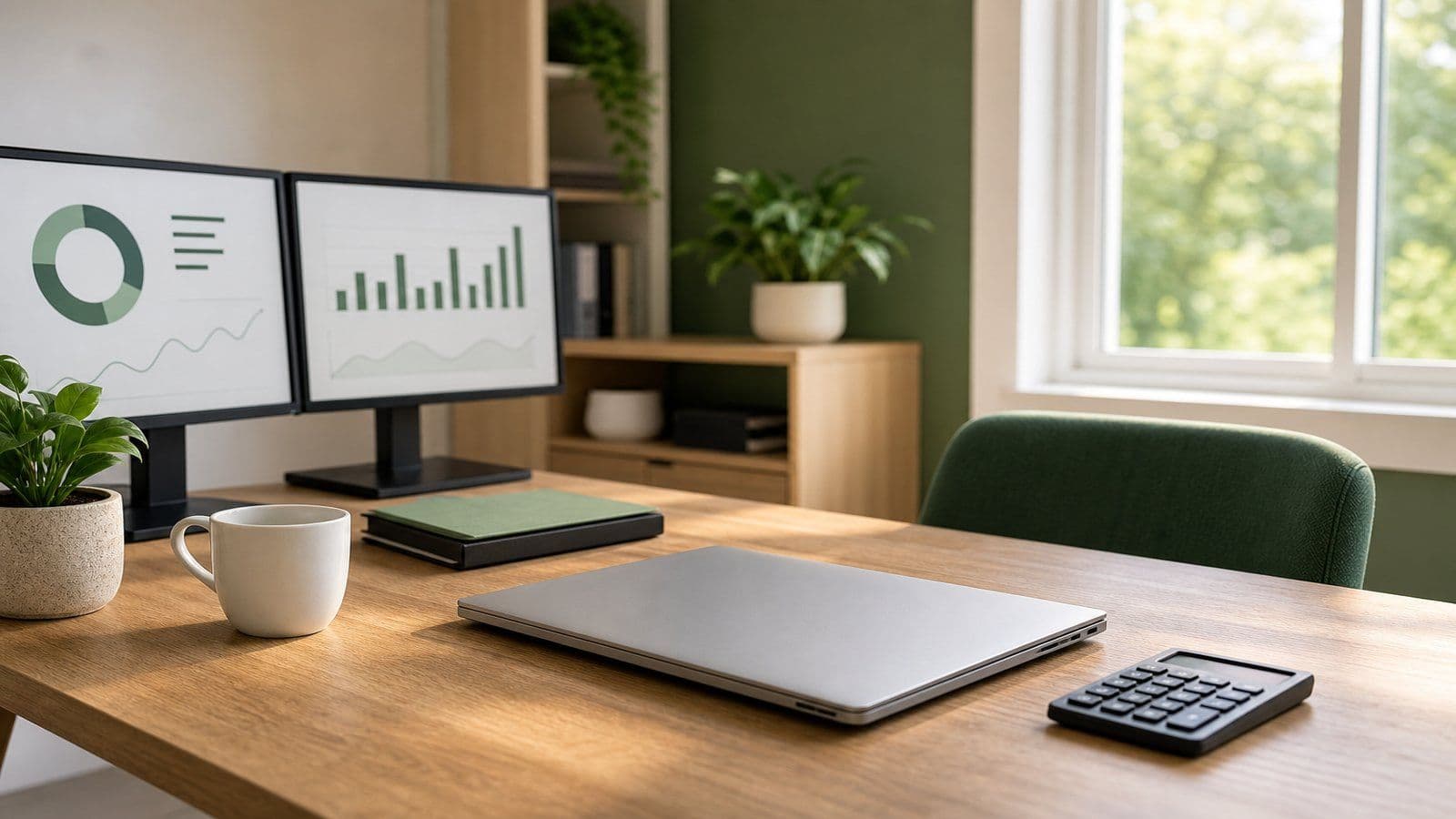 A bright small-office corner with a closed laptop, calculator, mug, and a small green plant on a wooden desk