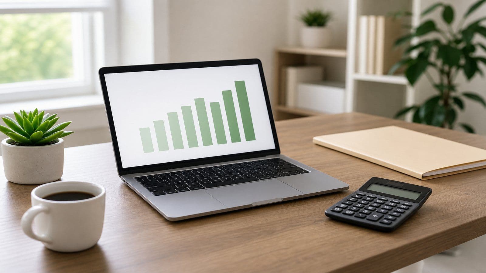 Clean home-office desk with a laptop showing a simple chart, a calculator, a closed folder, and a coffee cup for monthly bookkeeping