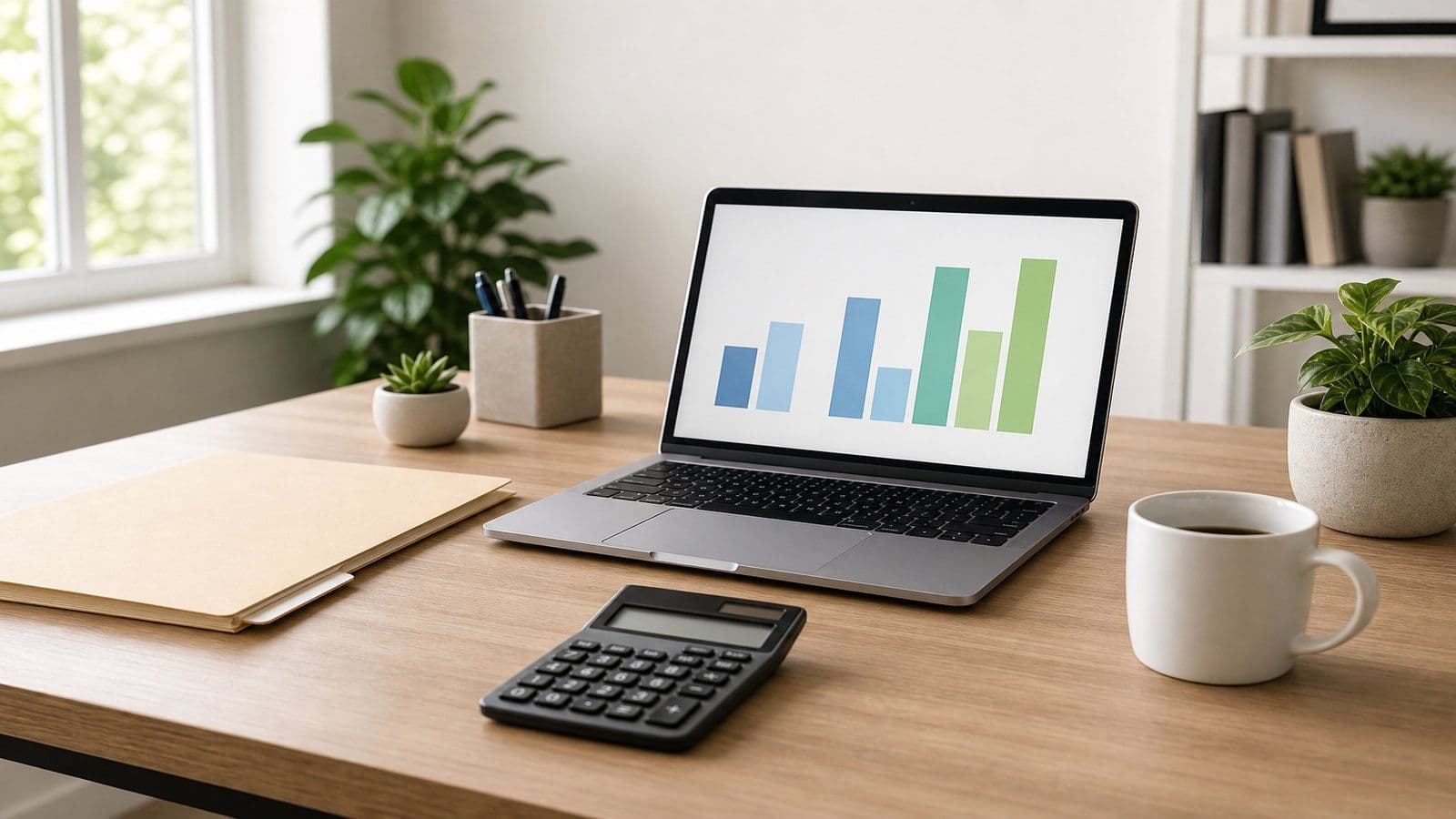 Home-office desk with a laptop showing a simple unlabelled chart, a closed folder, a calculator, and a coffee cup during a year-end bookkeeping close