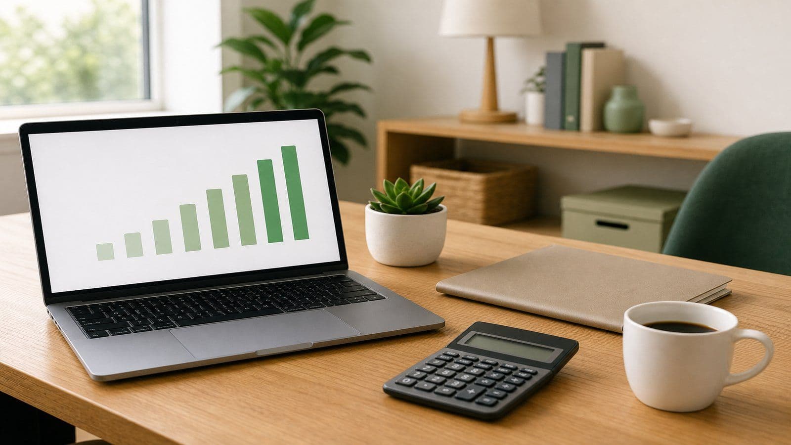 Tidy home-office desk with a laptop showing a simple chart, a calculator, a closed folder, and a coffee cup representing a bookkeeping checklist routine
