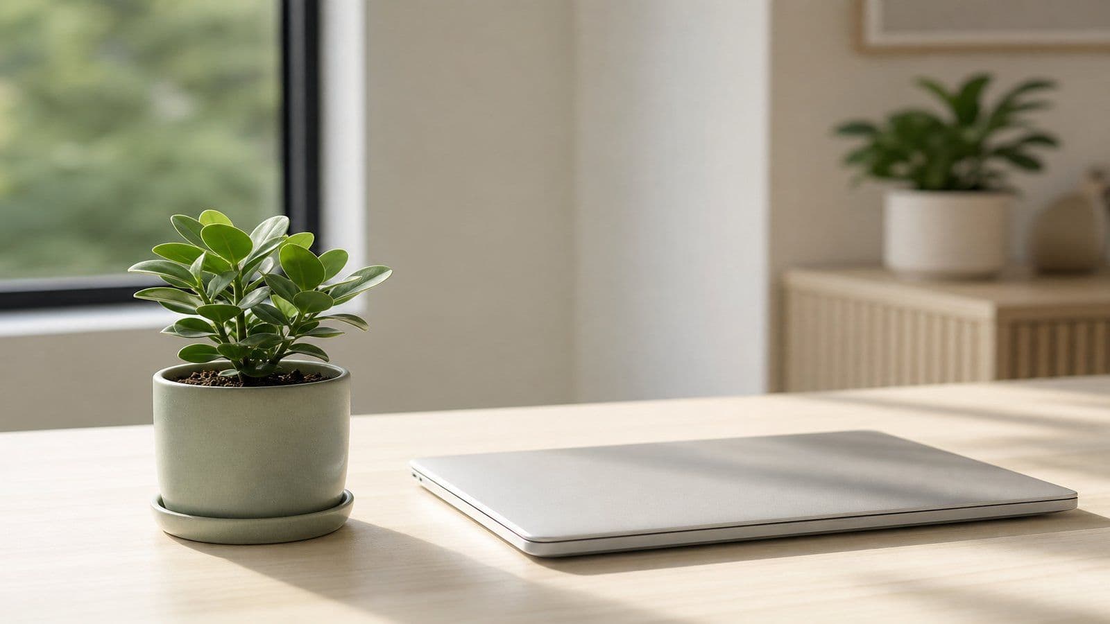 A calm workspace with a plant beside a closed laptop at the end of the day