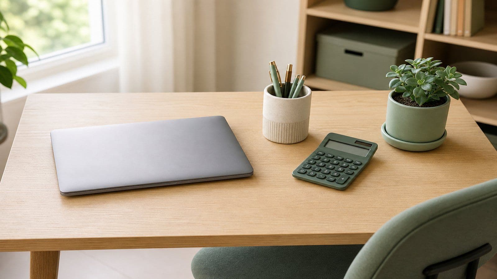 A tidy home-office desk arranged for the start of a bookkeeping session