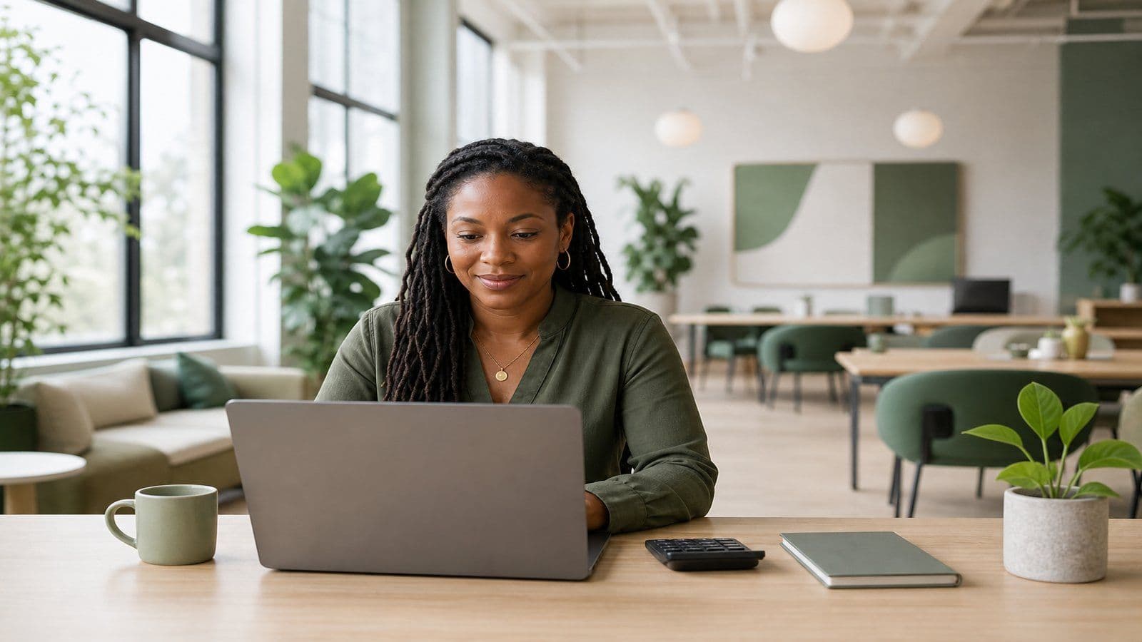 A small-business owner reviews her month in a bright shared workspace