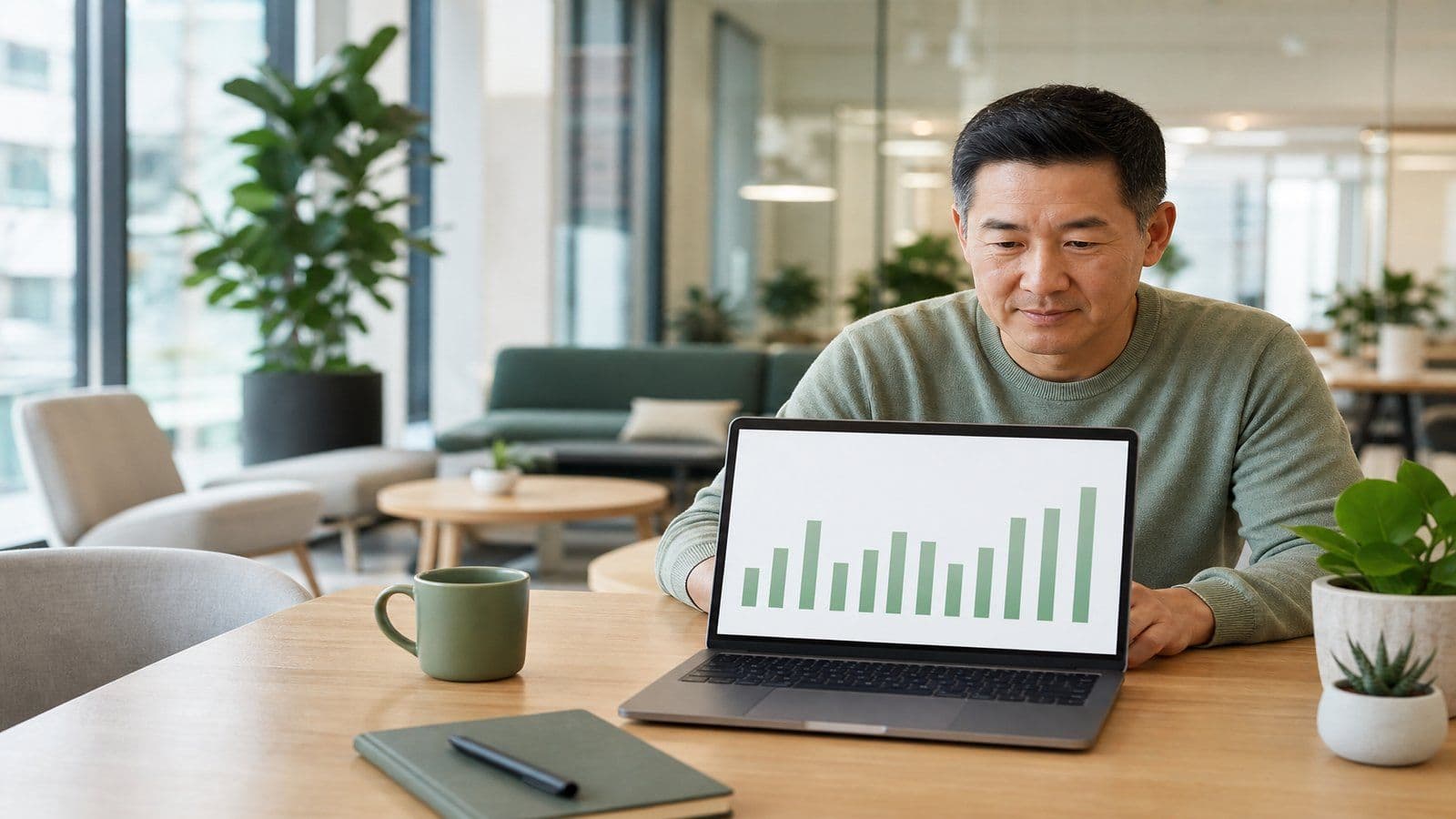 A business owner reviews his monthly results at a co-working table