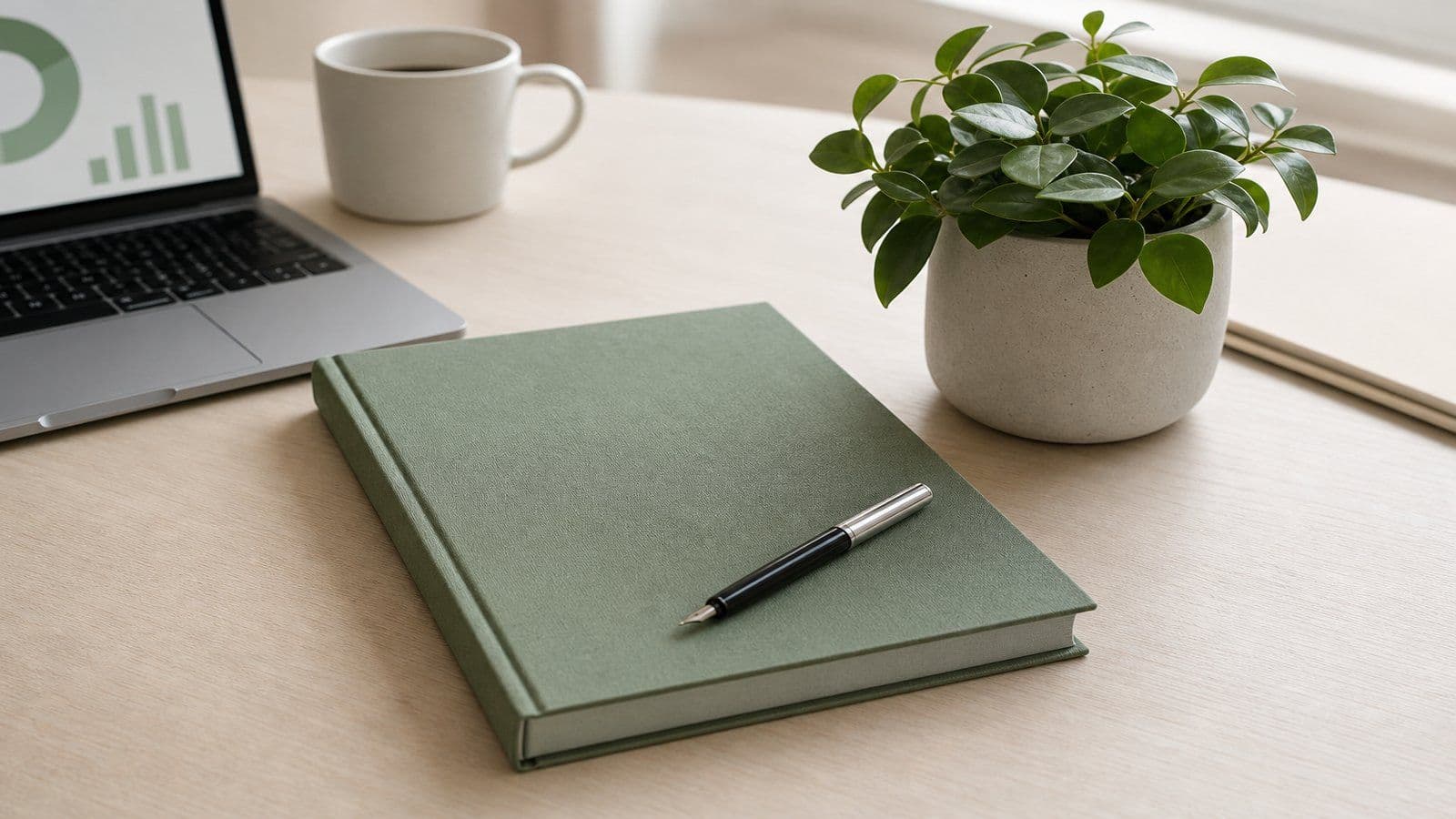 A closed ledger and a small plant suggest calm, current records