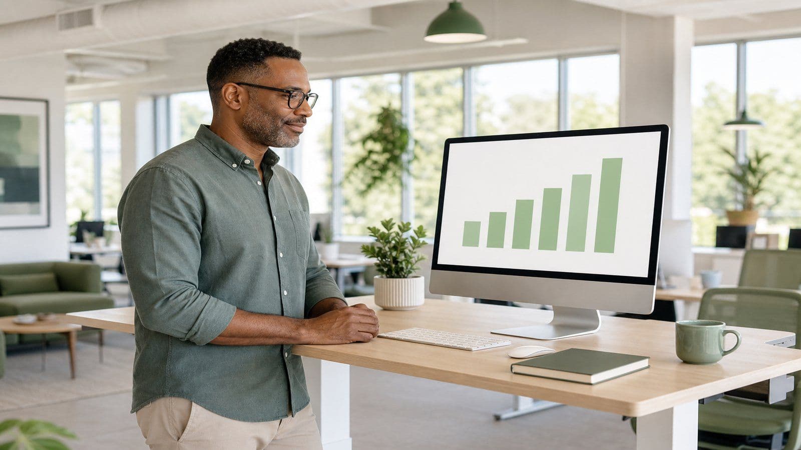 A business owner checks his financial dashboard in a shared workspace