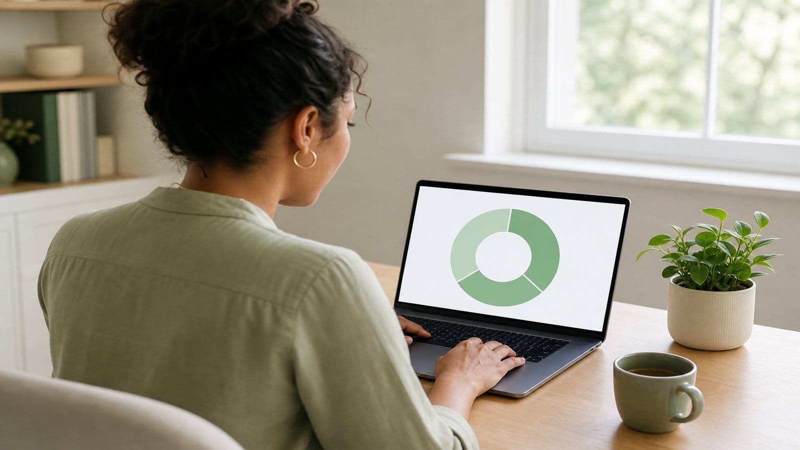 A small-business owner reviews her monthly numbers on a laptop in a bright home office