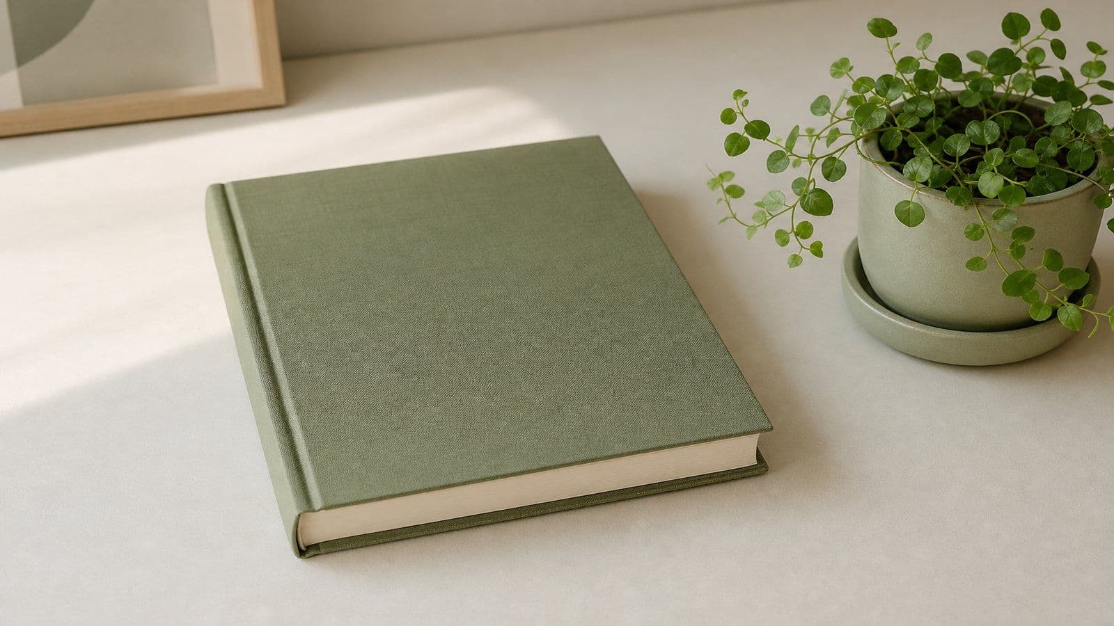 A closed ledger and a plant, suggesting books that are finished and in order