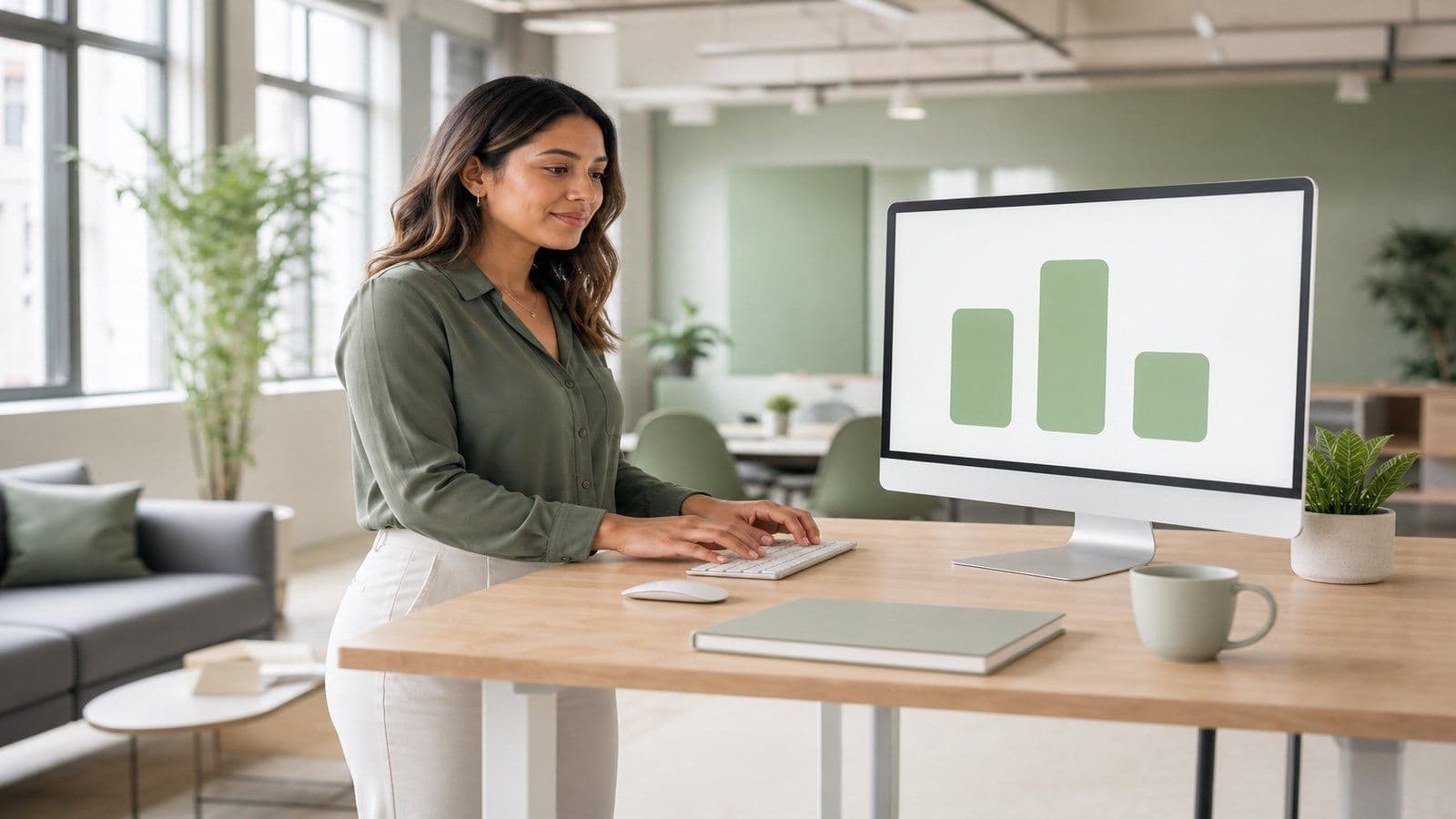 A founder reviews her opening financial position in a bright workspace