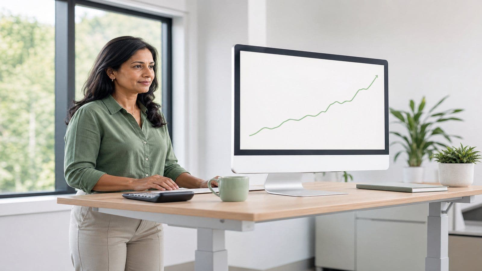 A finance professional reviews the numbers behind her monthly reporting on a large screen