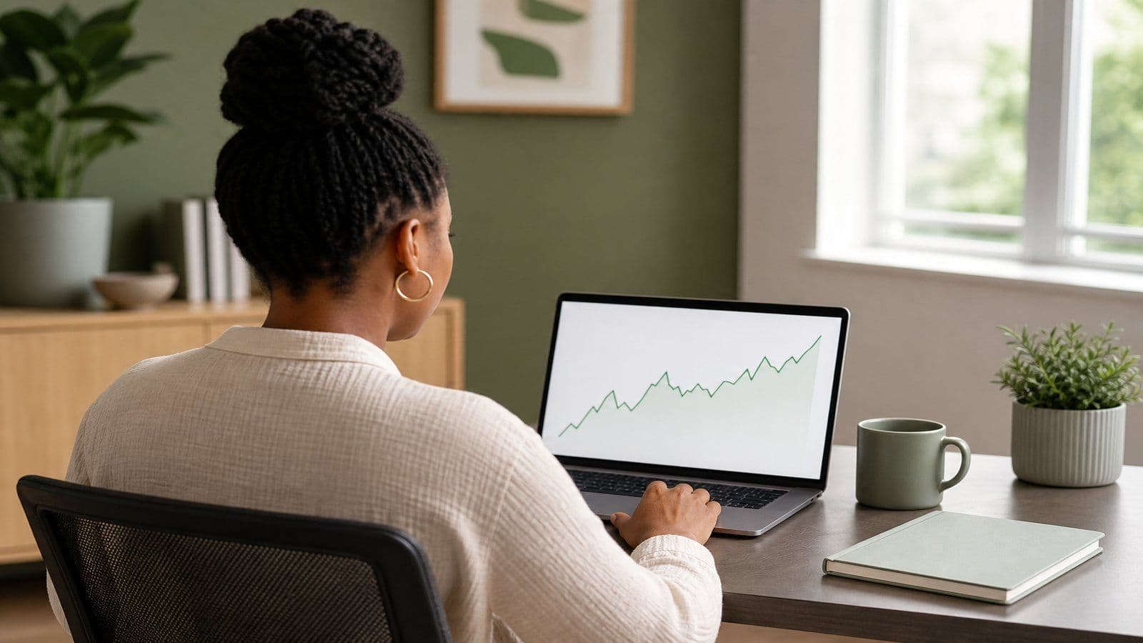 A small-business owner reviews her monthly numbers at a laptop